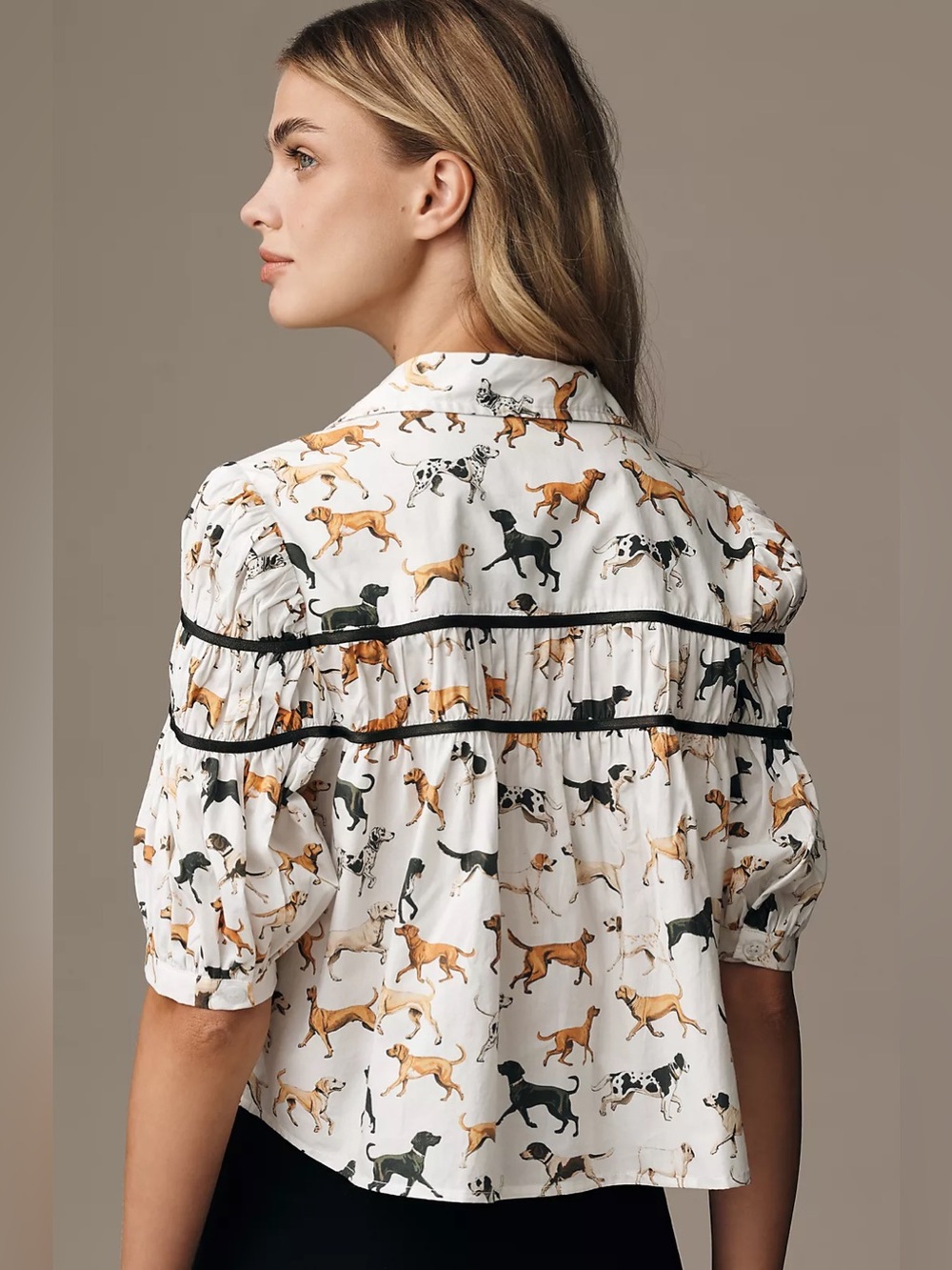 Anthropologie Maeve The Leandra Shirred Yoke Cotton Dog Print Puff Sleeve Blouse - Picture 2 of 11